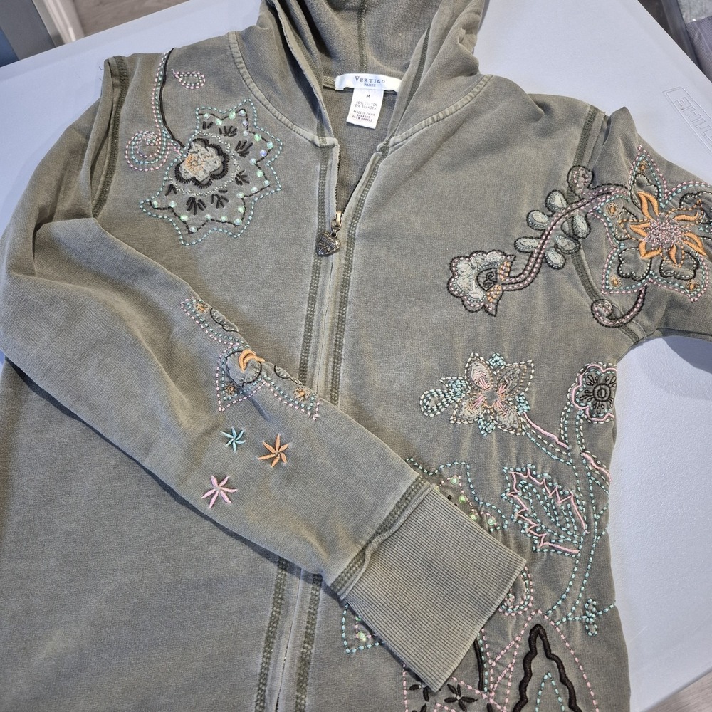 Y2K Vertigo Paris Hoodie Womens Medium Army Green Floral Hippie Boho Artsy Fairy